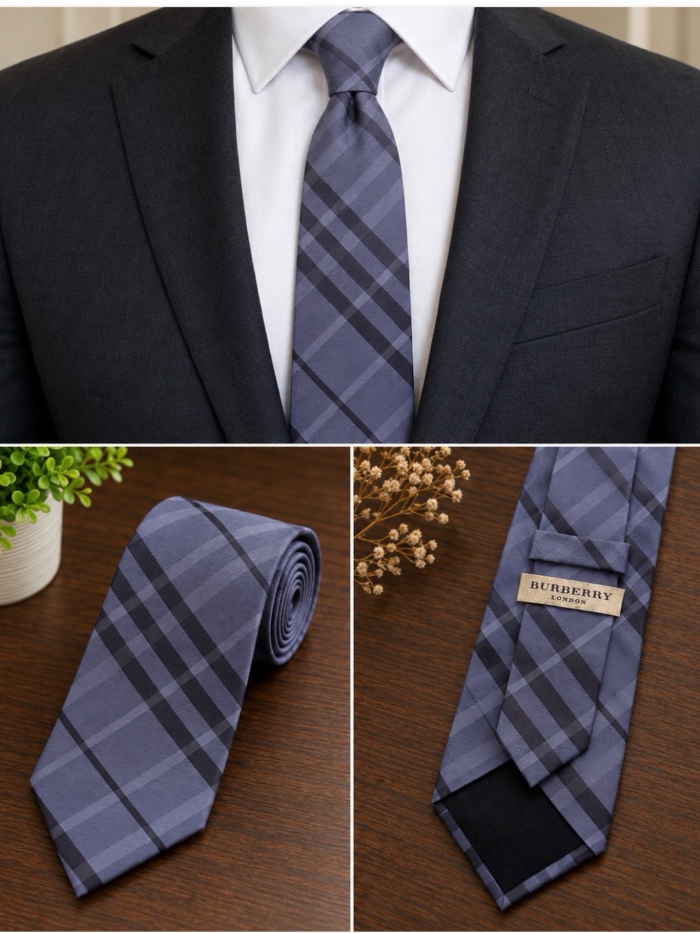 Burberry London Men’s Blue Grey Check Plaid Necktie